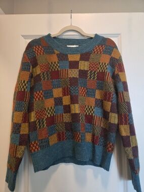 Knit Mix Patchwork Sweater Size Small Multicolor Retro Crewneck